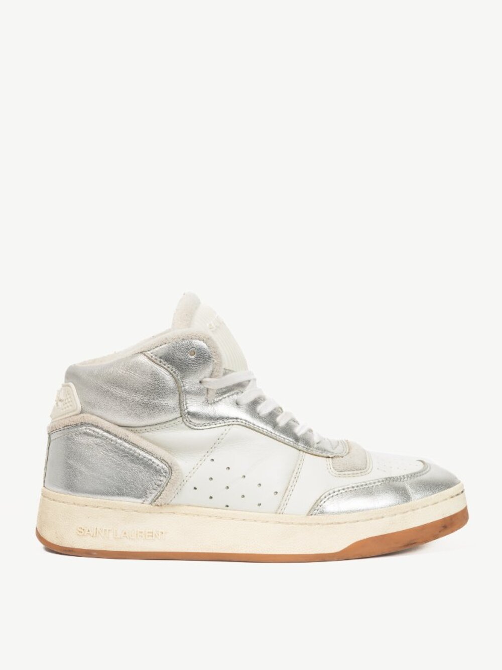 Saint Laurent SL/80 White & Silver High-Top Lace-Up Sneakers